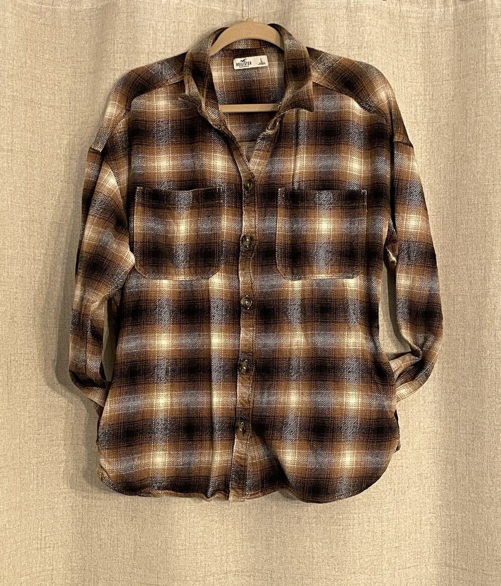 Hollister Oversized Brown Black Plaid Button Front Flannel Shirt Shacket Large
